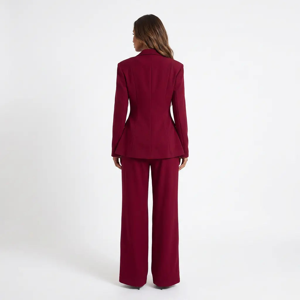 Bordeaux Power Collar Blazer and Wide-Leg Pants Set