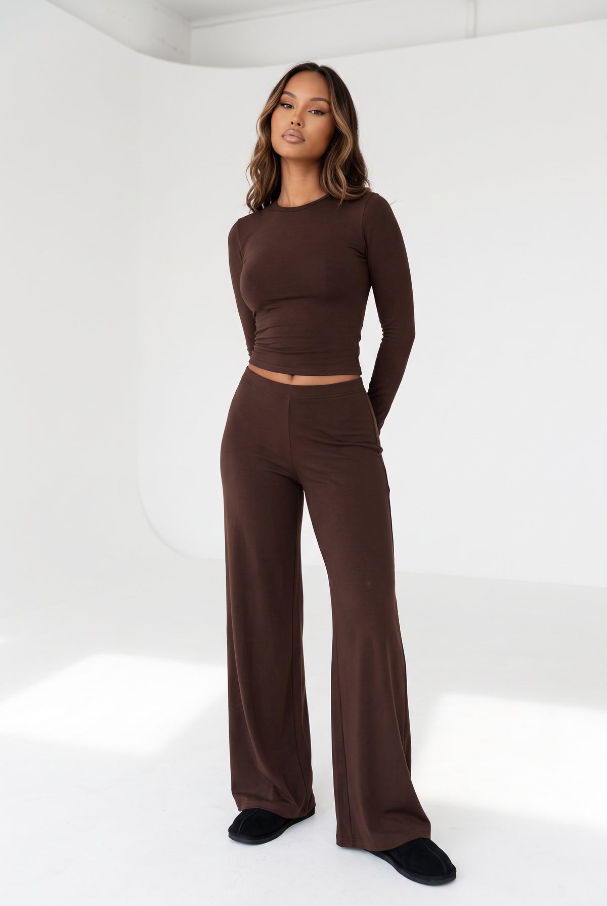 Mocha State of Mind Long Sleeve Top and Wide-Leg Pants Set
