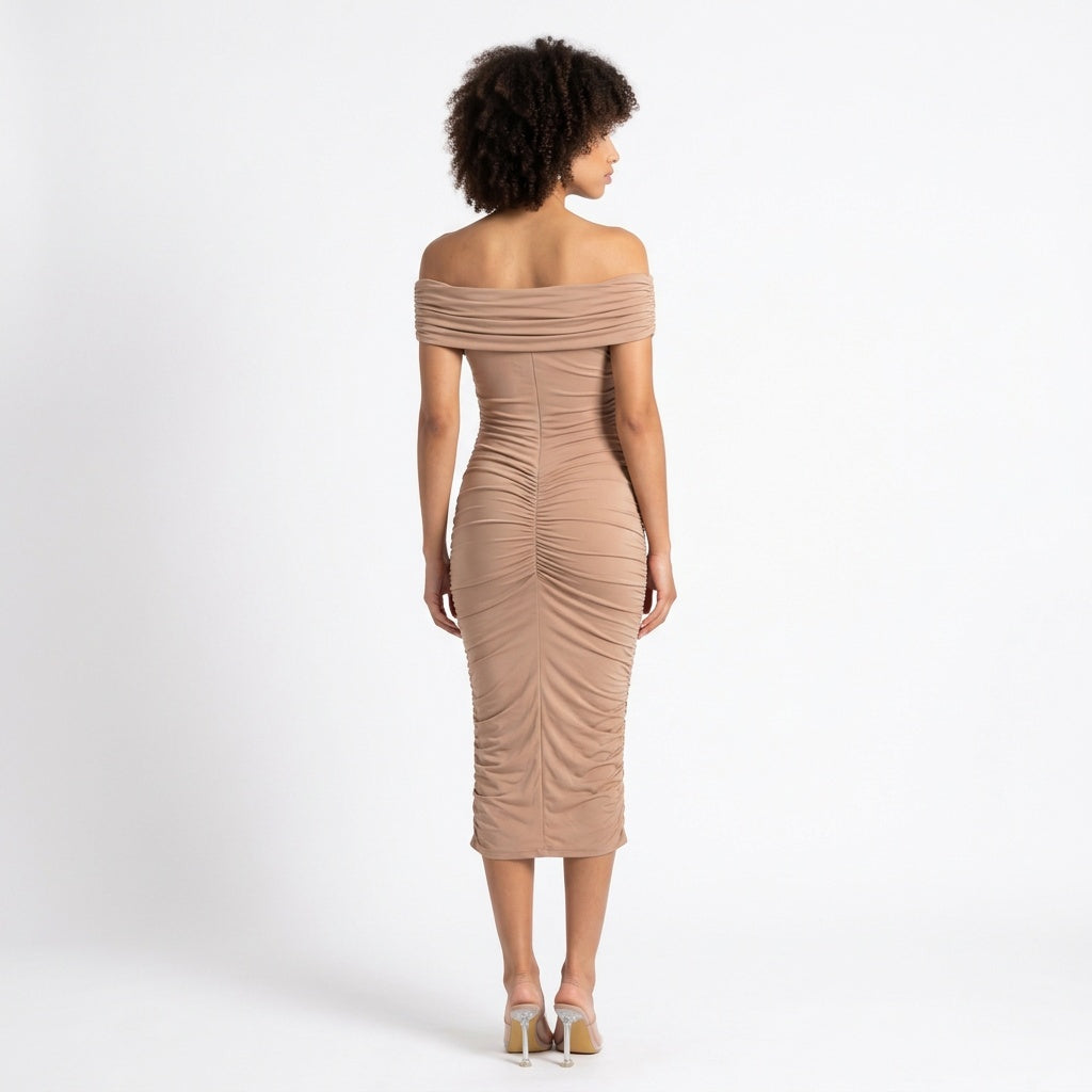 Sculpted in Sand Off-Shoulder Ruched Midi Dress
