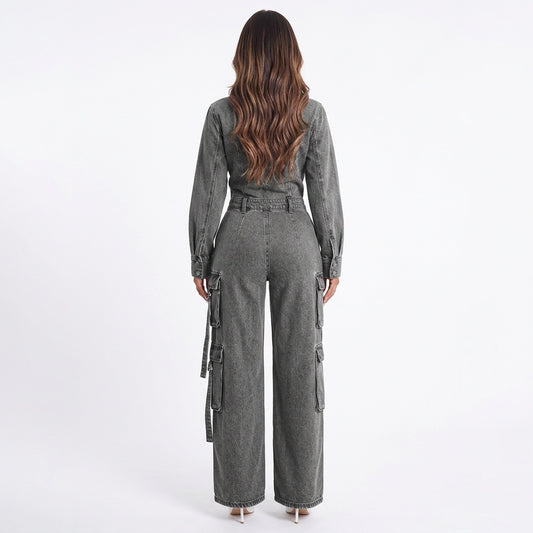 Street Code Washed Denim Cargo Wide-Leg Jumpsuit