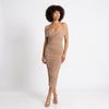 Sculpted in Sand Off-Shoulder Ruched Midi Dress