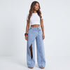 Crossed Lines Washed Wrap-Front Wide-Leg Jeans