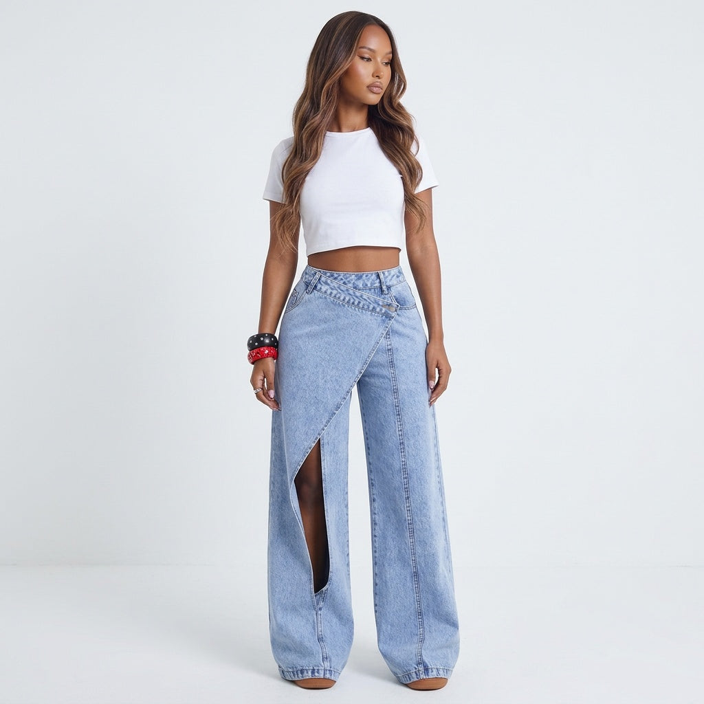Crossed Lines Washed Wrap-Front Wide-Leg Jeans