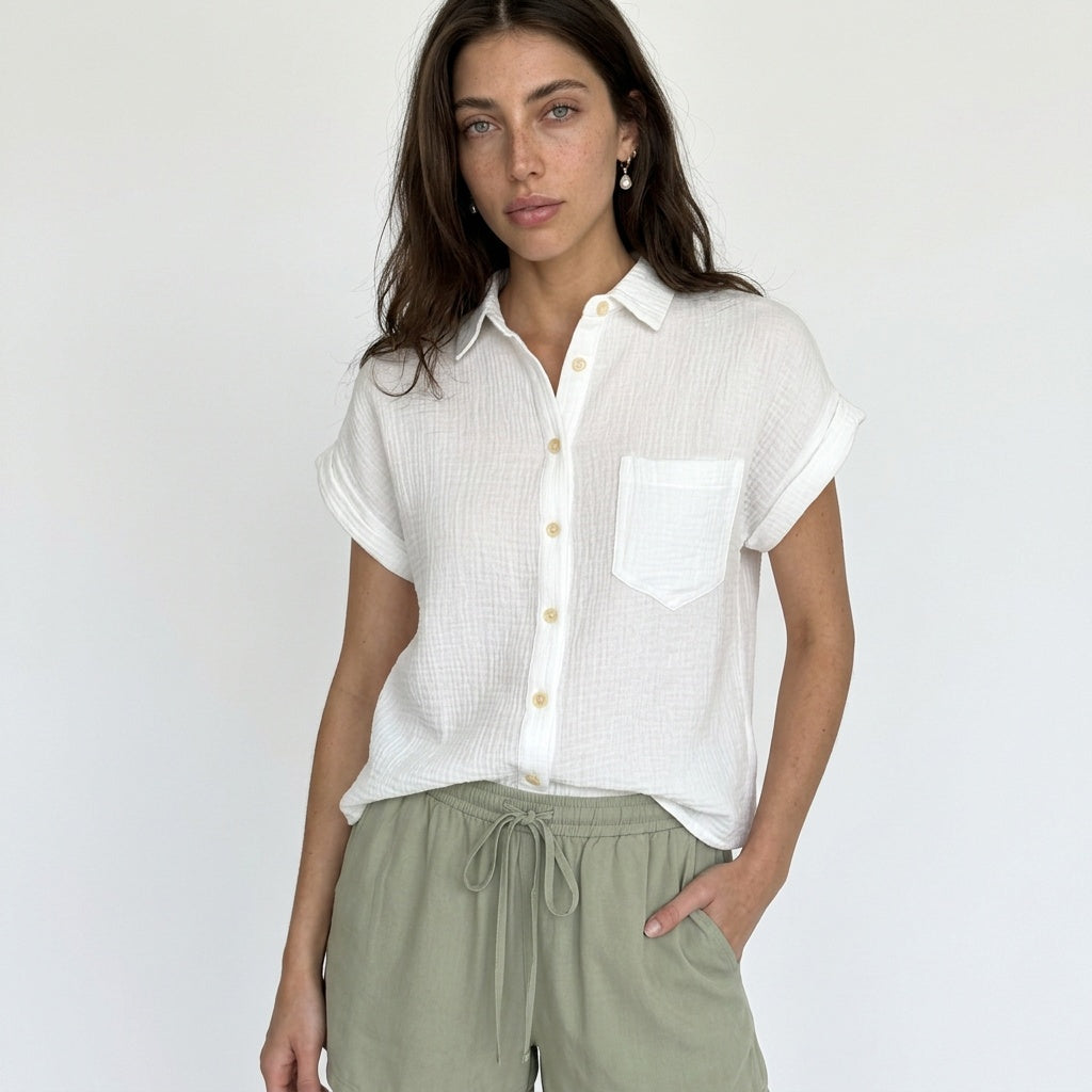 Weekend Away Rolled Sleeve Button-up Top
