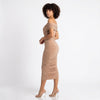 Sculpted in Sand Off-Shoulder Ruched Midi Dress