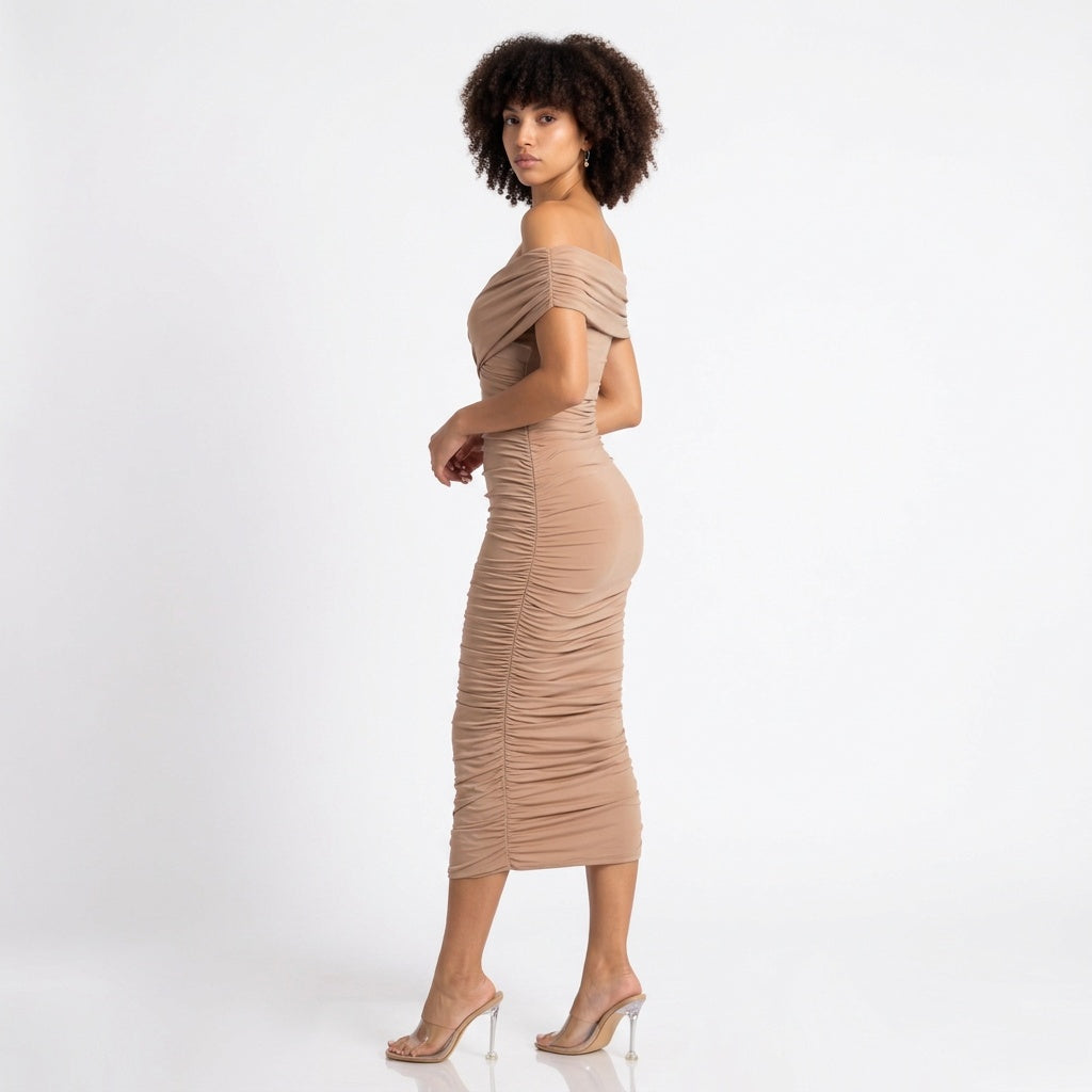Sculpted in Sand Off-Shoulder Ruched Midi Dress
