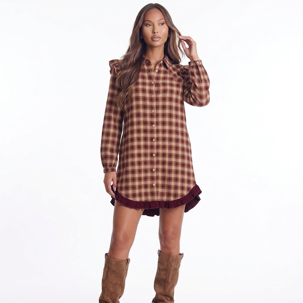 Apple Cider Mood Plaid Ruffle Shirt Mini Dress