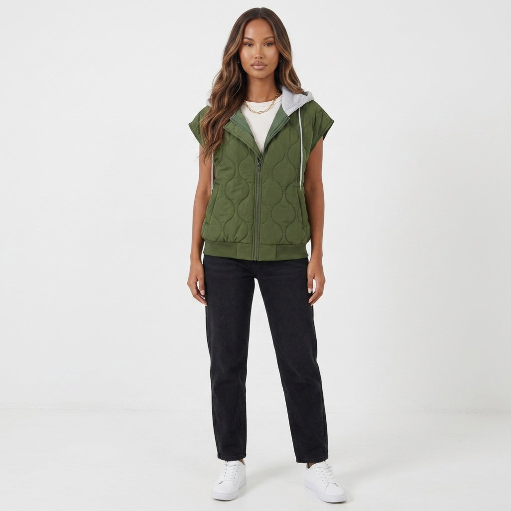 Drawstring Zip Up Hooded Vest Coat