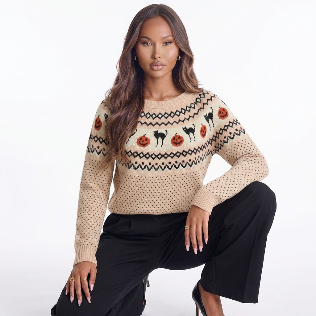 Harvest Hex Cat Pattern Knit Round Neck Sweater