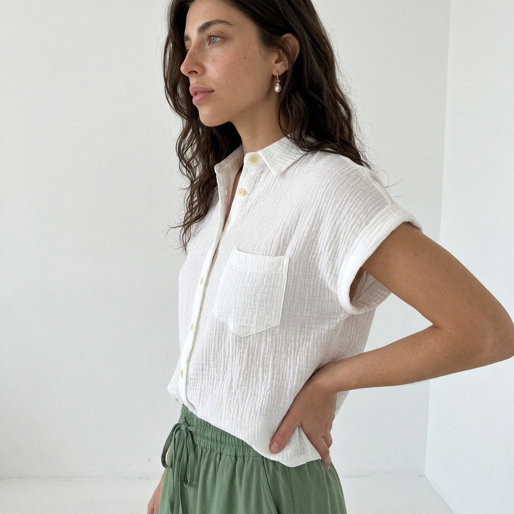 Weekend Away Rolled Sleeve Button-up Top