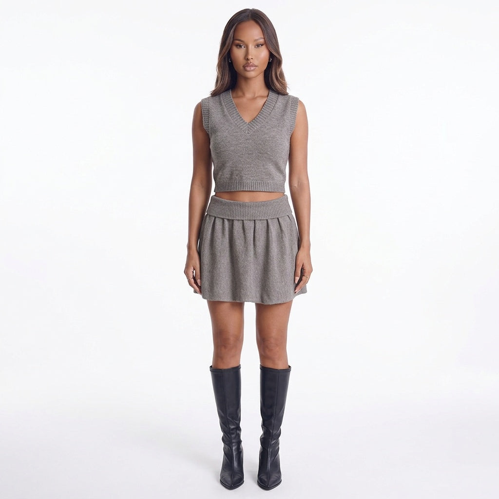 City Stroll Ribbed V-Neck Sweater Skirt Set