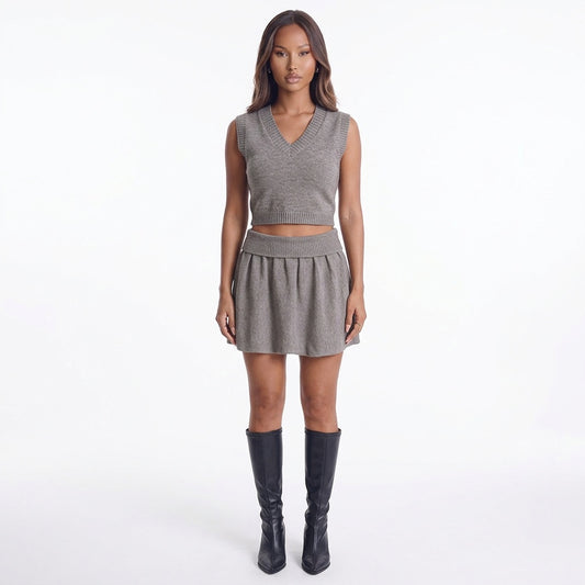City Stroll Ribbed V-Neck Sweater Skirt Set