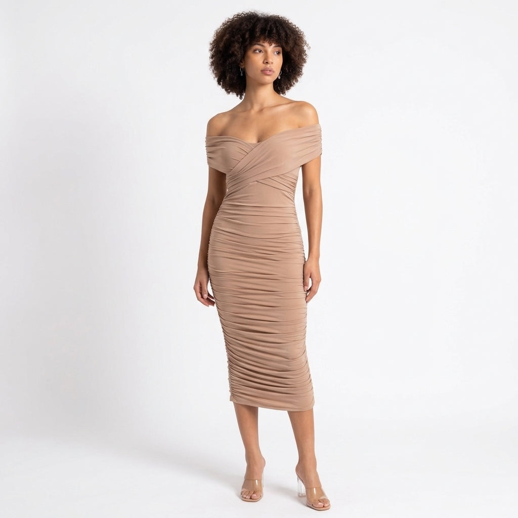 Sculpted in Sand Off-Shoulder Ruched Midi Dress
