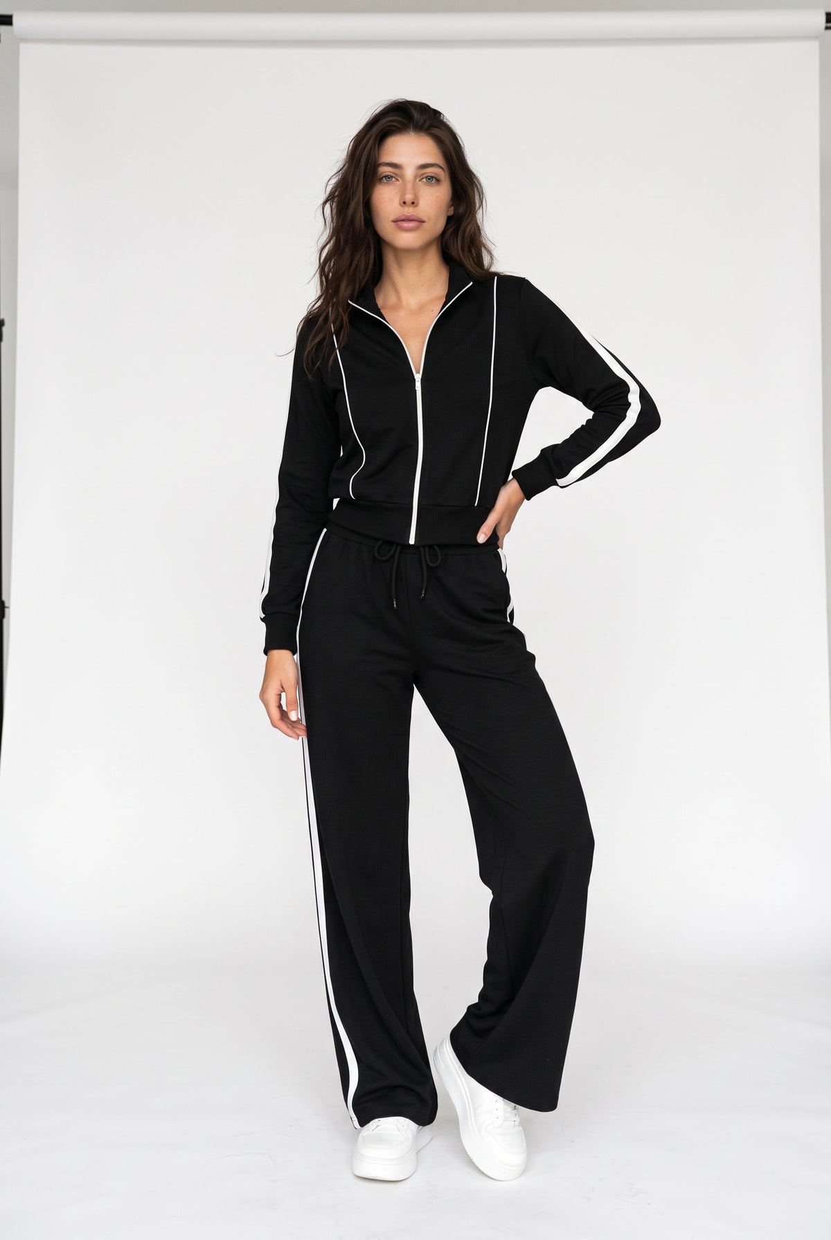 Off-Duty Ace Black Track Jacket and Wide-Leg Pants Set
