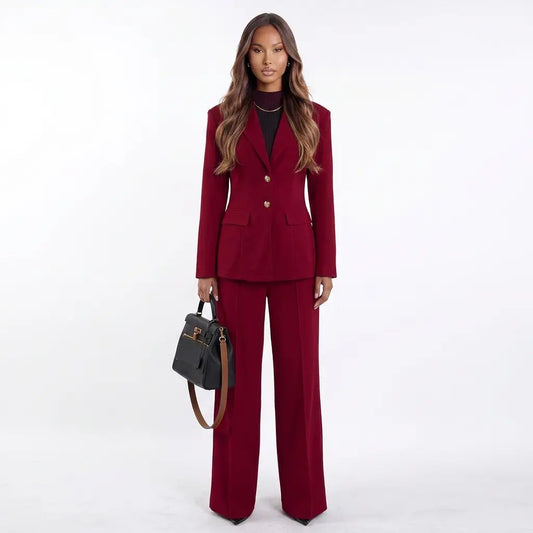Bordeaux Power Collar Blazer and Wide-Leg Pants Set