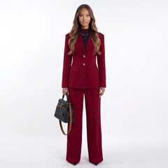 Bordeaux Power Collar Blazer and Wide-Leg Pants Set