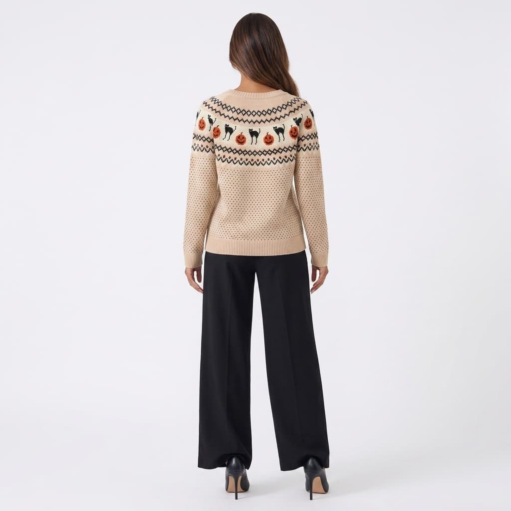 Harvest Hex Cat Pattern Knit Round Neck Sweater