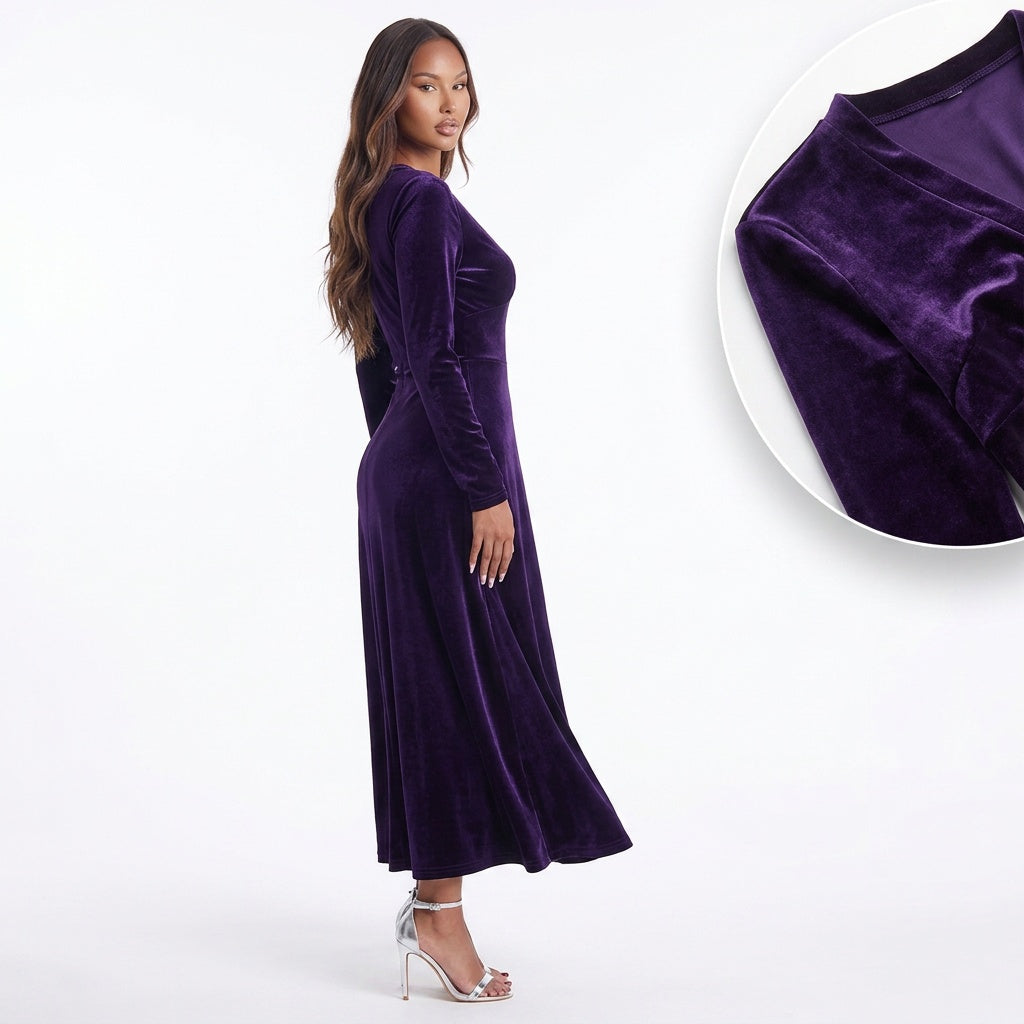 V-Neck Long Sleeve Velvet Dress