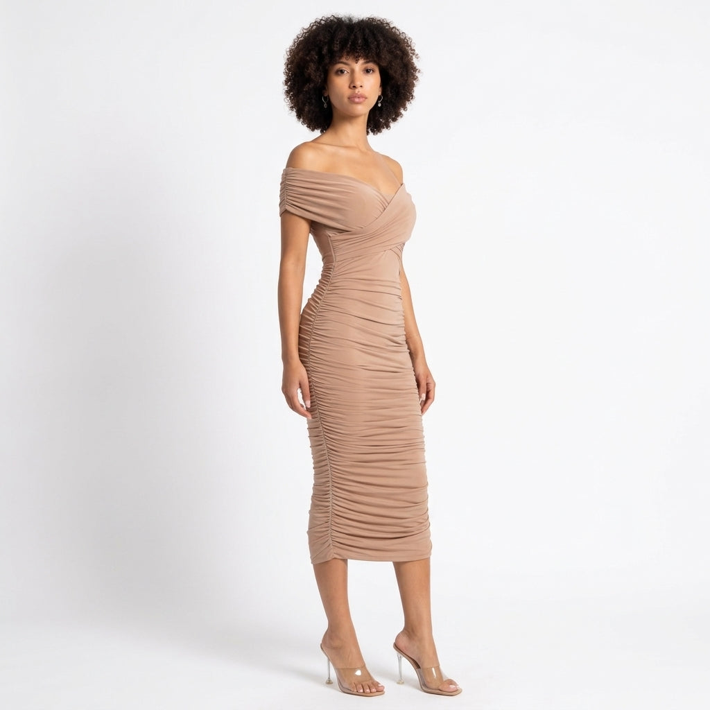 Sculpted in Sand Off-Shoulder Ruched Midi Dress