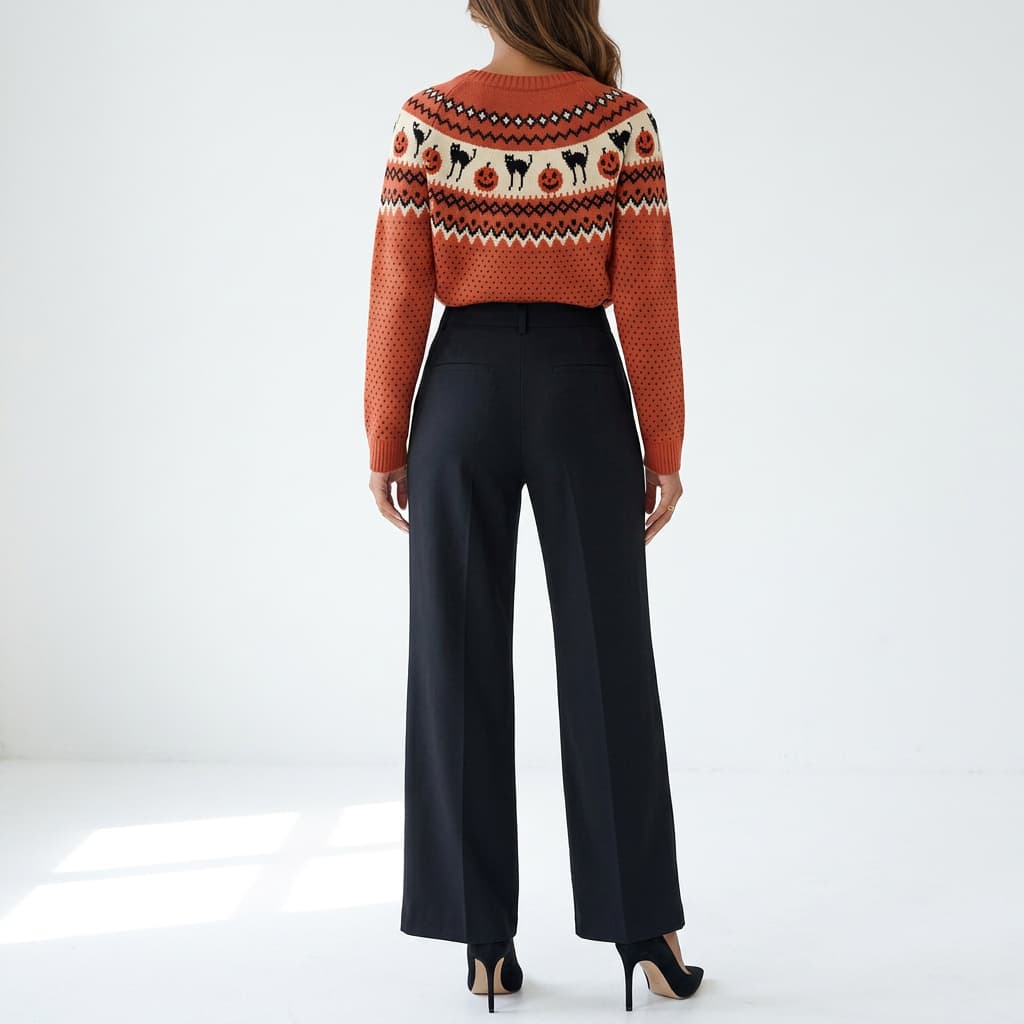 Harvest Hex Cat Pattern Knit Round Neck Sweater