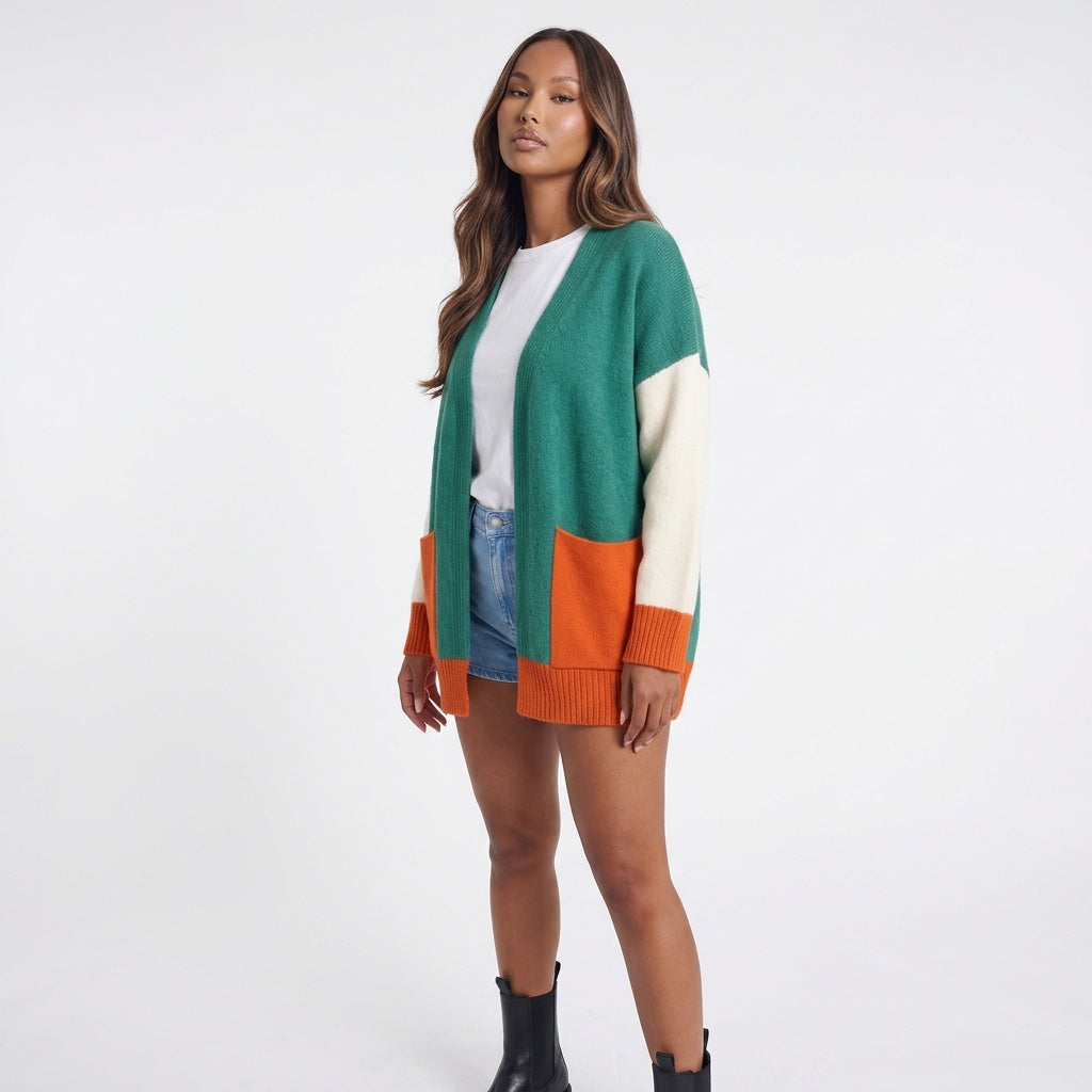 Harvest Palette Open-Front Colorblock Cardigan