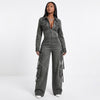 Street Code Washed Denim Cargo Wide-Leg Jumpsuit