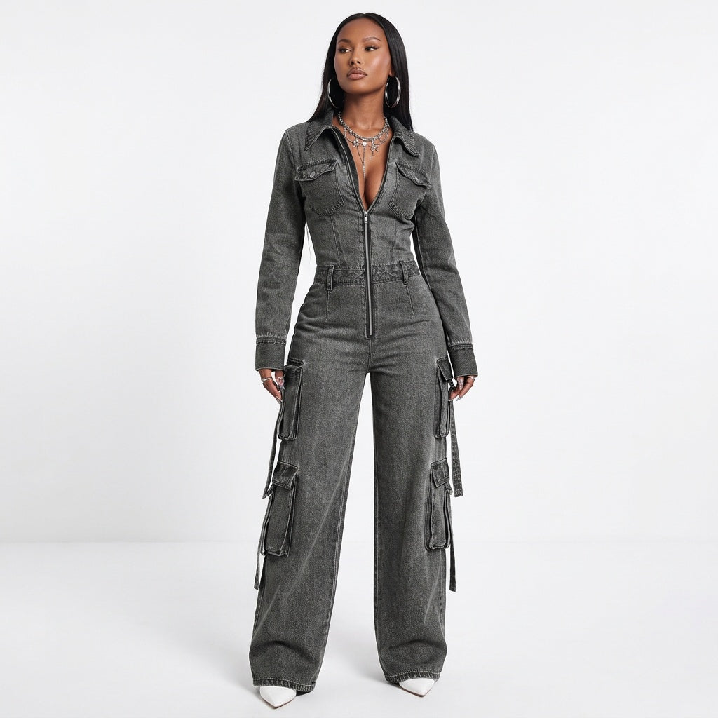 Street Code Washed Denim Cargo Wide-Leg Jumpsuit