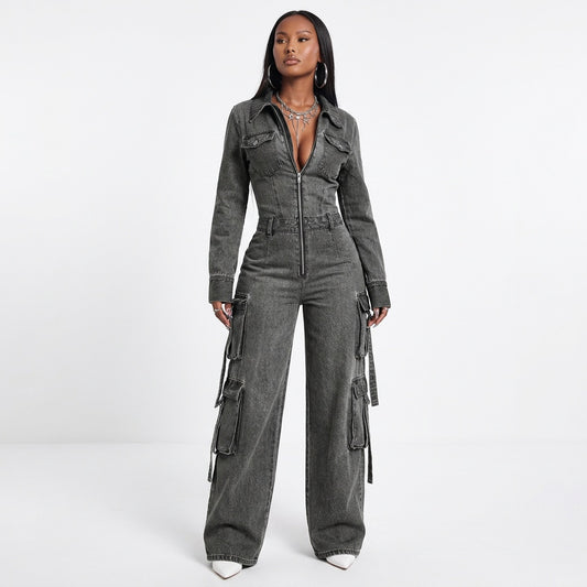 Street Code Washed Denim Cargo Wide-Leg Jumpsuit