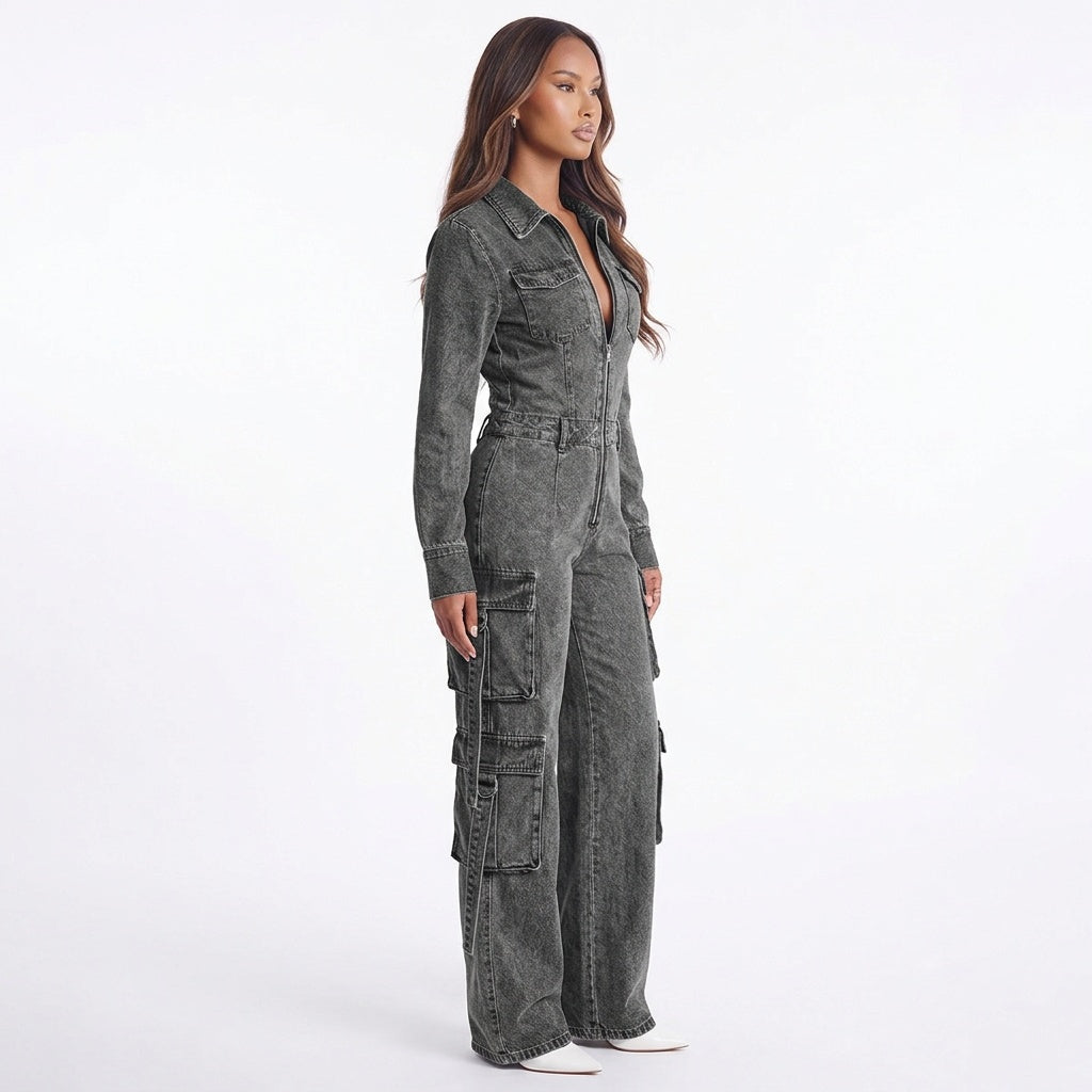 Street Code Washed Denim Cargo Wide-Leg Jumpsuit