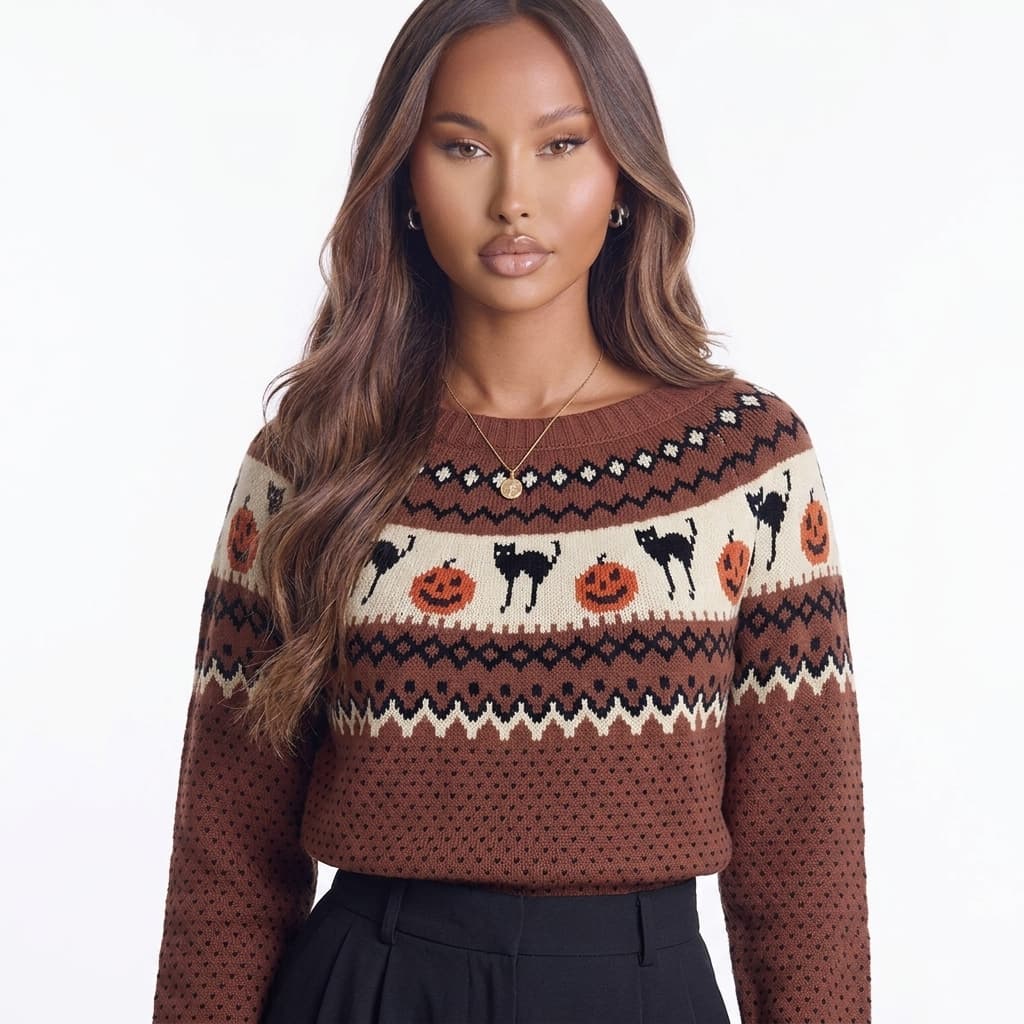 Harvest Hex Cat Pattern Knit Round Neck Sweater