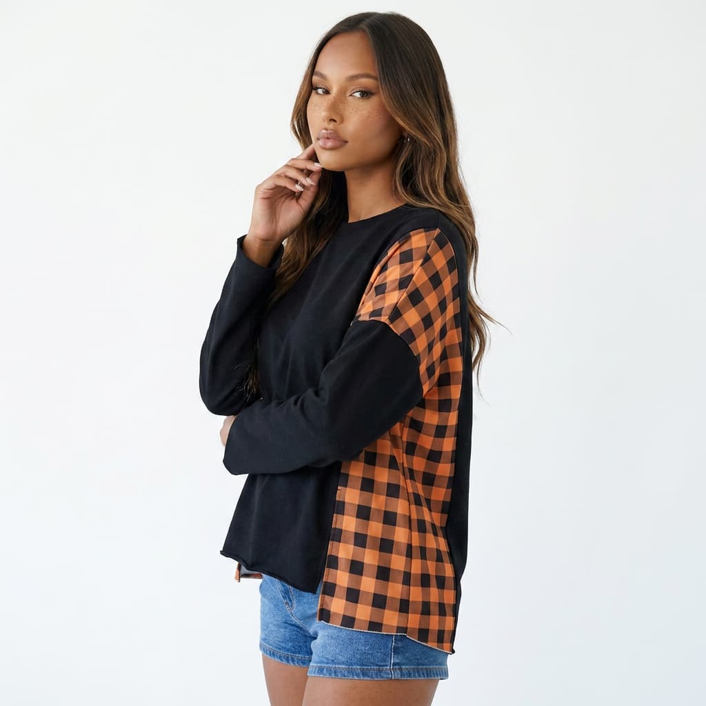 Killer Smiles Plaid Pumpkin Long Sleeve Top
