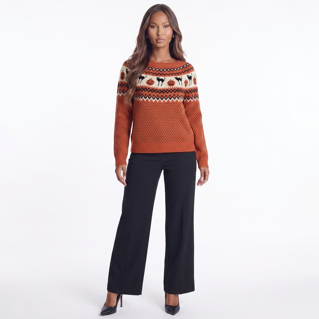Harvest Hex Cat Pattern Knit Round Neck Sweater