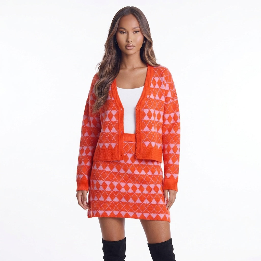 Diamond District Argyle Button-Front Cardigan Skirt Set