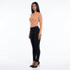 Gourd Checkmate Mesh Long Sleeve Mock Neck Blouse