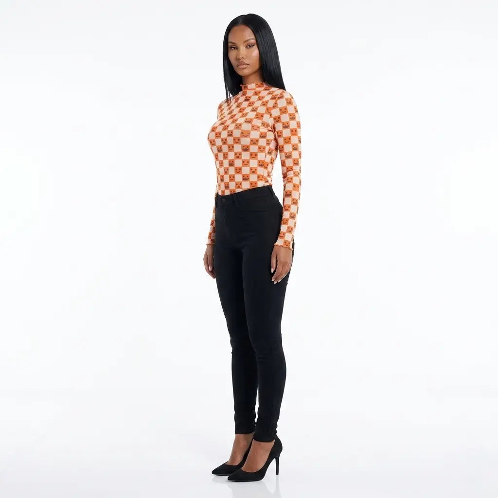 Gourd Checkmate Mesh Long Sleeve Mock Neck Blouse