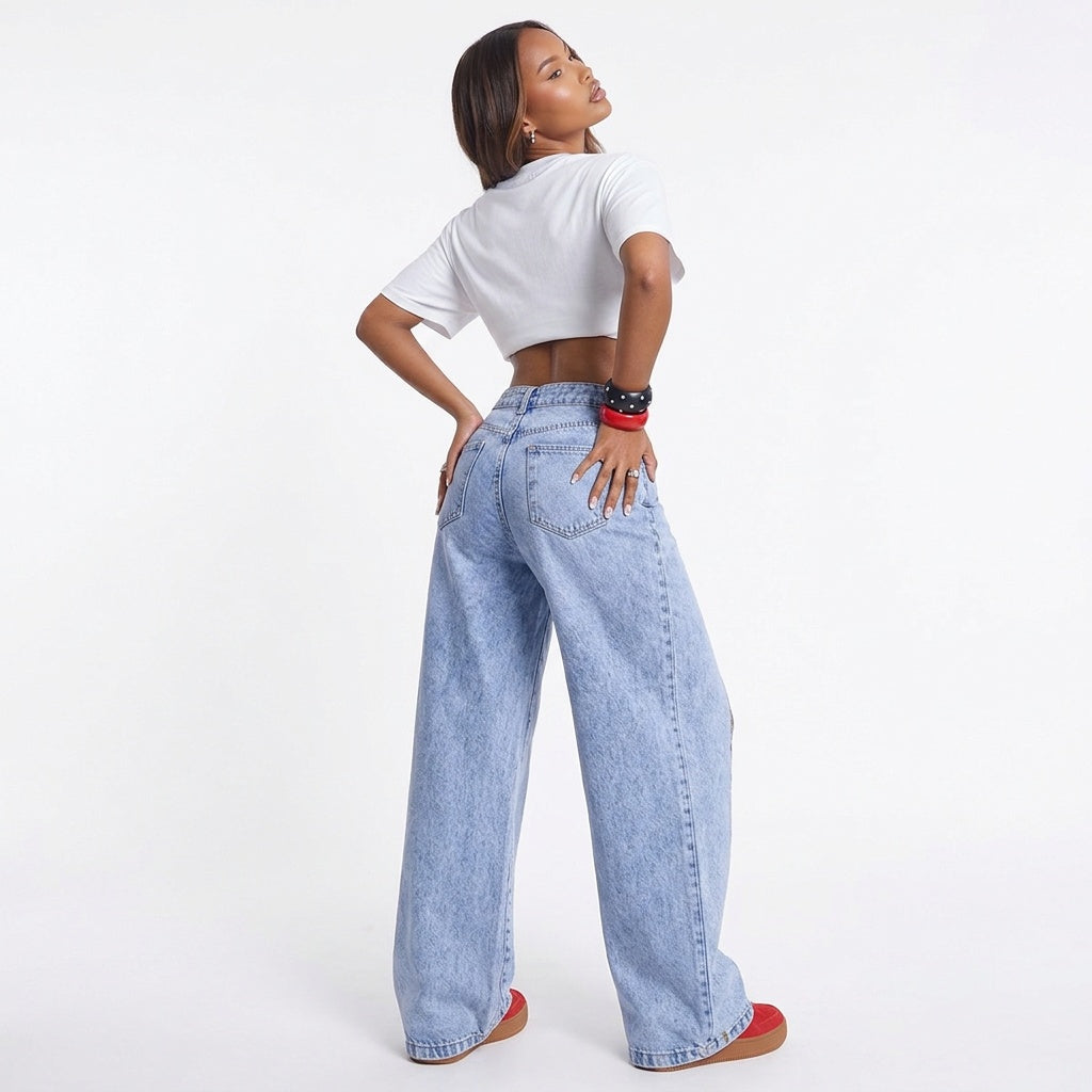 Crossed Lines Washed Wrap-Front Wide-Leg Jeans