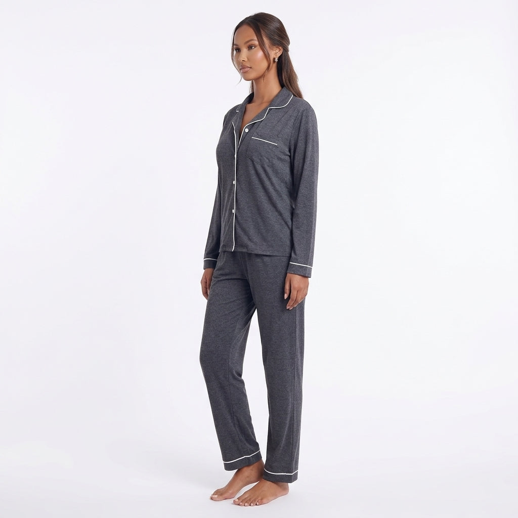 Contrast Piping Button Down Top and Pants Loungewear Set