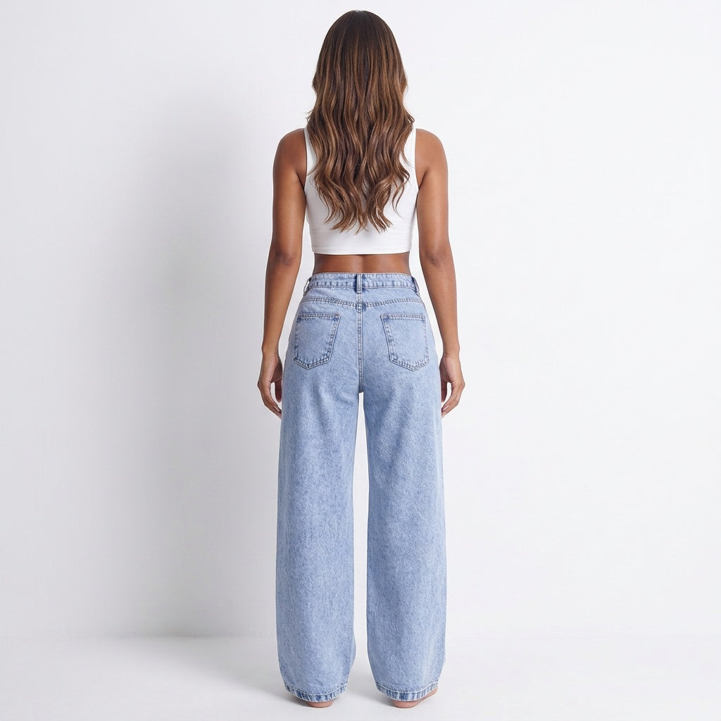 Crossed Lines Washed Wrap-Front Wide-Leg Jeans