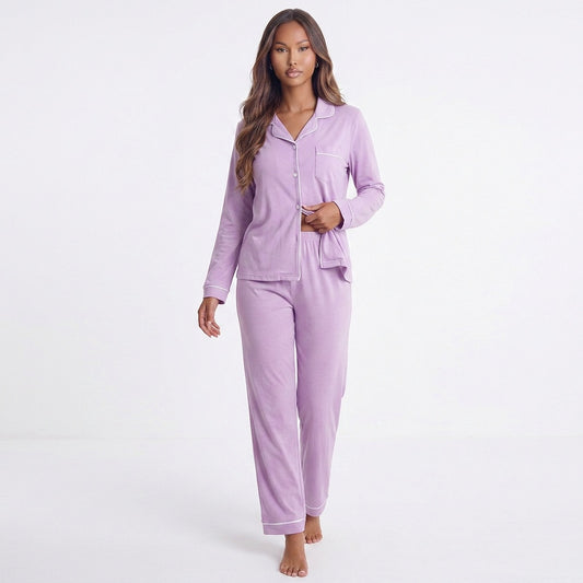 Contrast Piping Button Down Top and Pants Loungewear Set