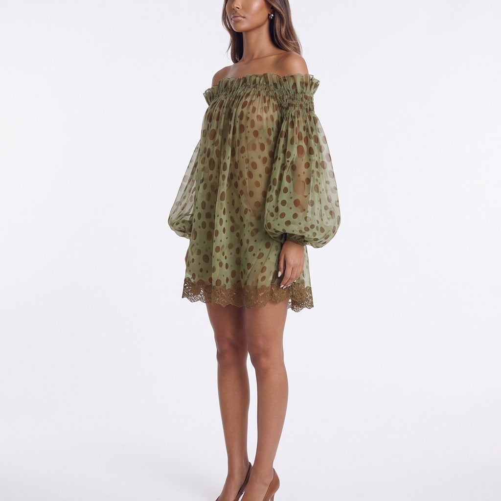 Mosslight Off-Shoulder Sheer Polka Dot Mini Dress
