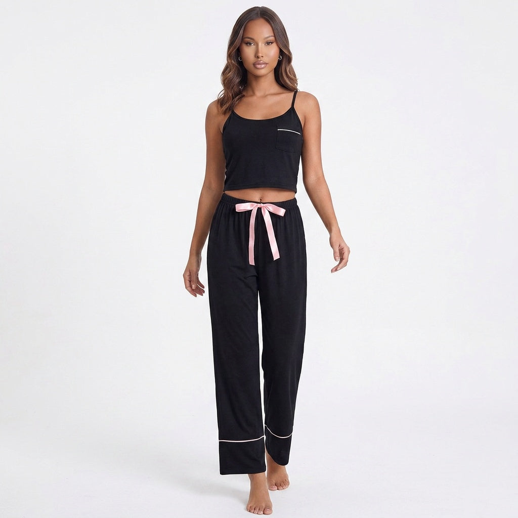 Contrast Trim Cropped Cami and Pants Loungewear Set