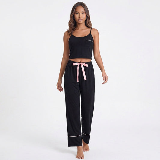 Contrast Trim Cropped Cami and Pants Loungewear Set