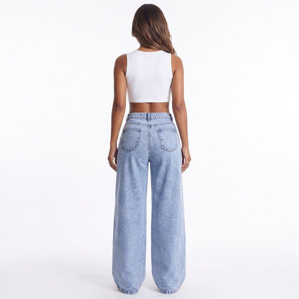 Crossed Lines Washed Wrap-Front Wide-Leg Jeans