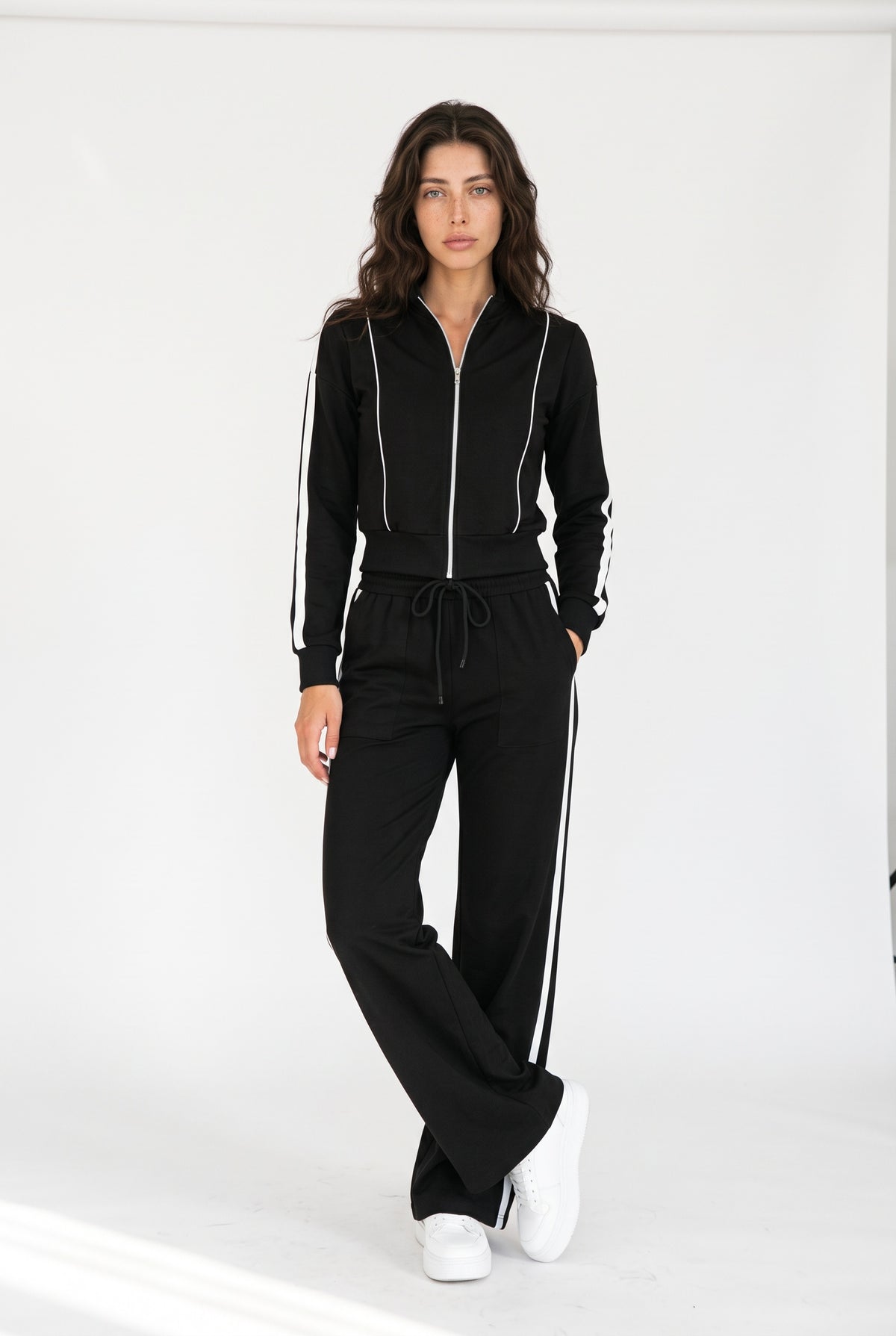 Off-Duty Ace Black Track Jacket and Wide-Leg Pants Set