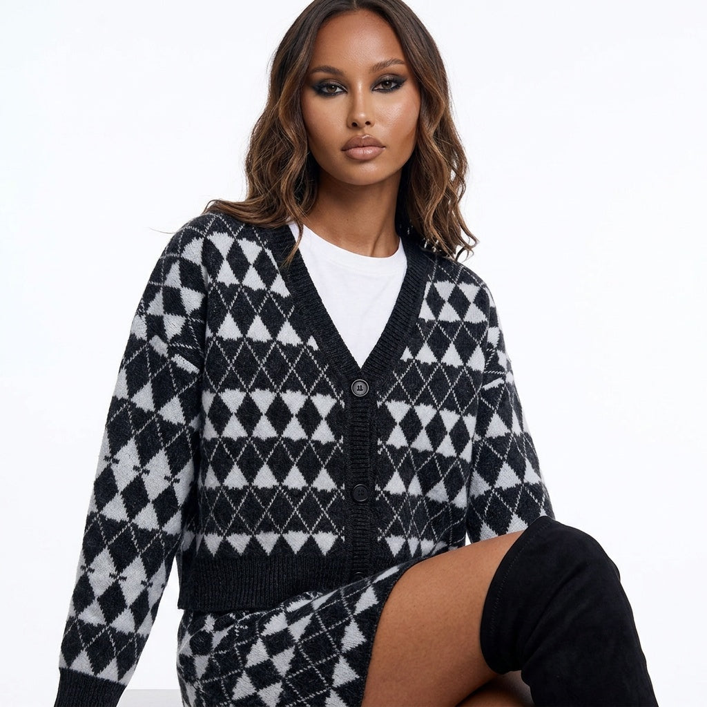 Diamond District Argyle Button-Front Cardigan Skirt Set