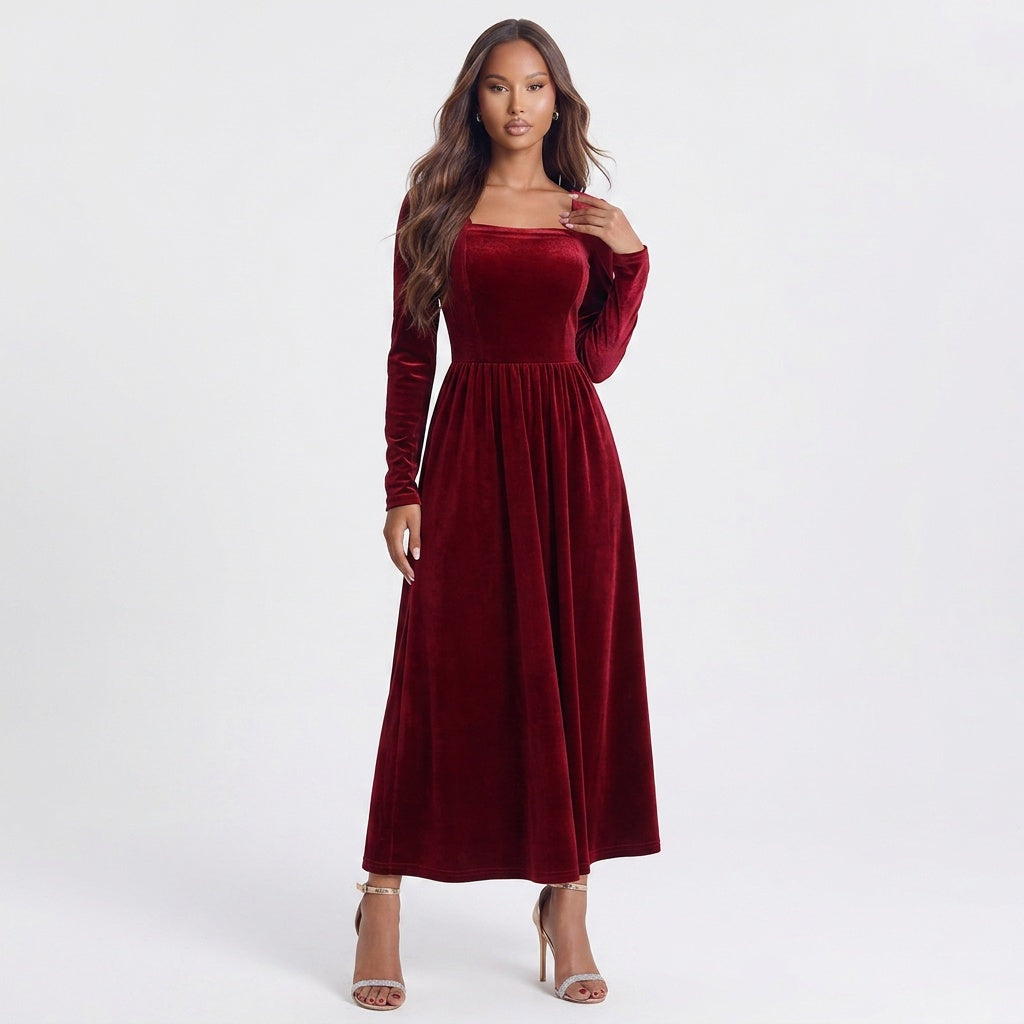 Velvet Square Neck Long Sleeve Dress