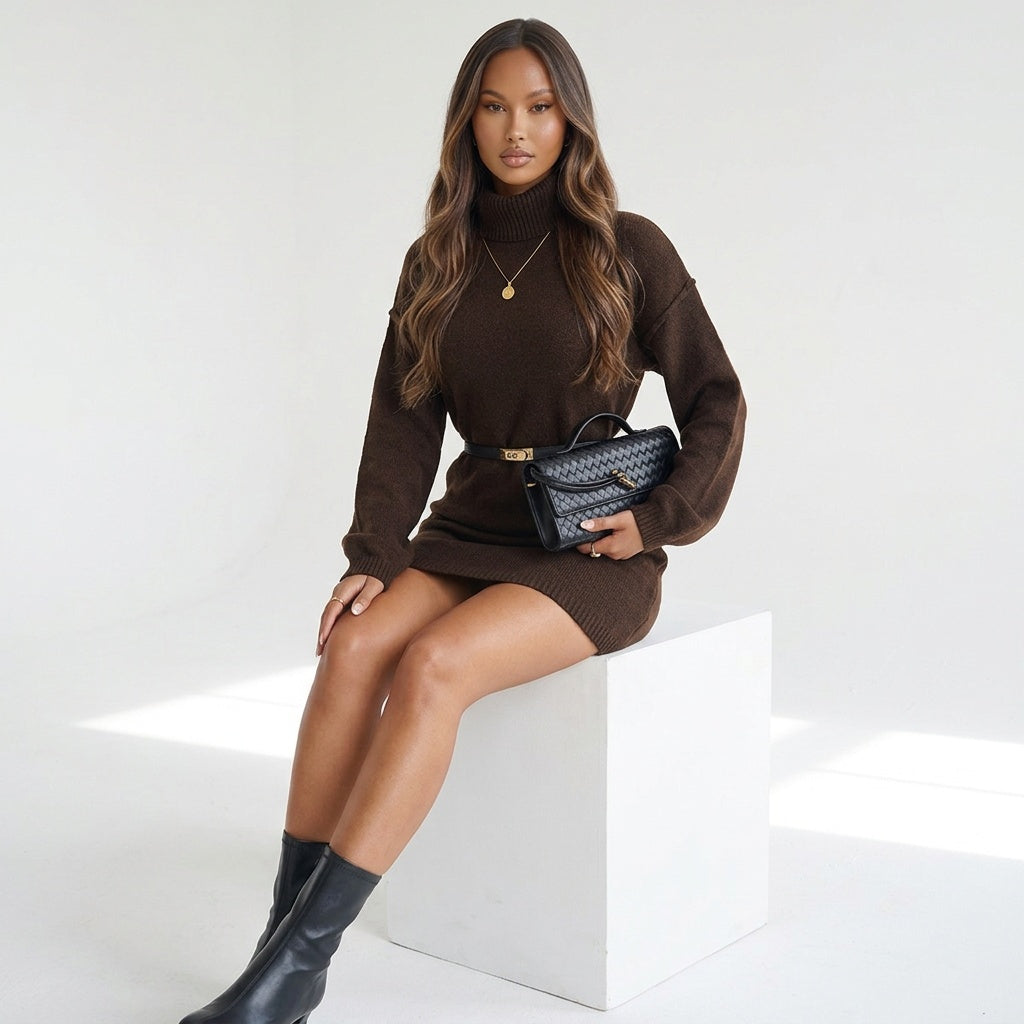 Cocoa Season Turtleneck Sweater Mini Dress