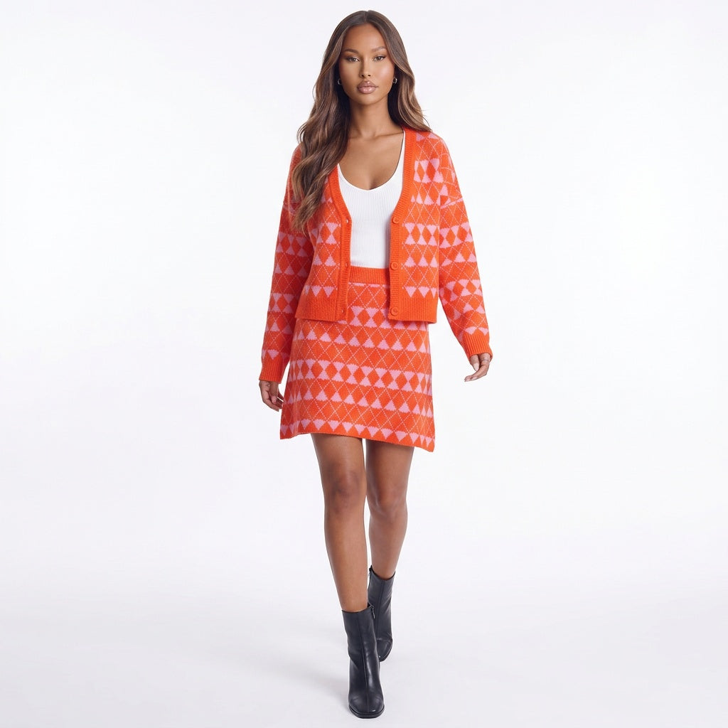Diamond District Argyle Button-Front Cardigan Skirt Set