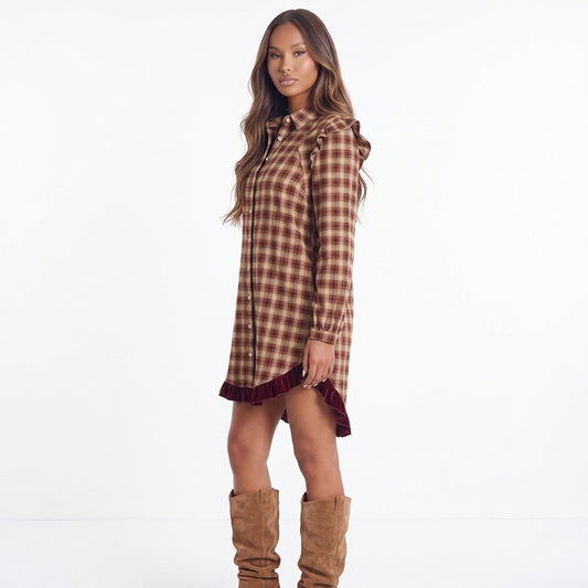 Apple Cider Mood Plaid Ruffle Shirt Mini Dress