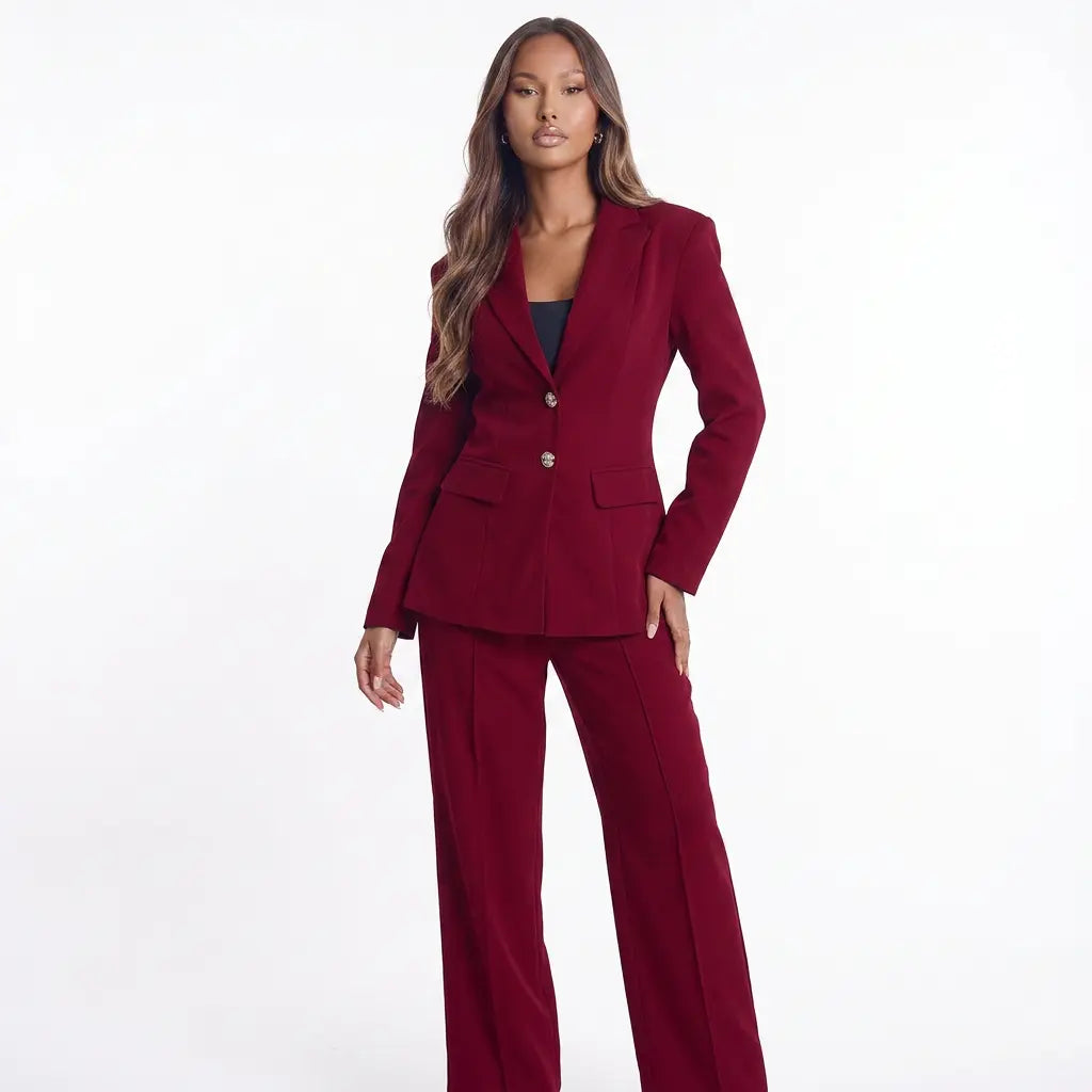 Bordeaux Power Collar Blazer and Wide-Leg Pants Set